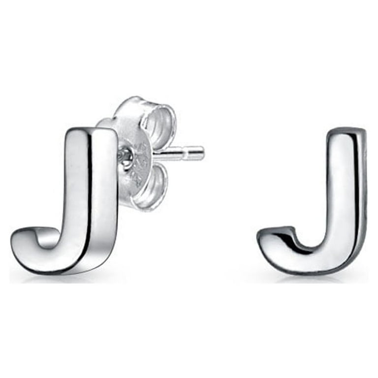 Alphabet Letter J Initial Block Type Stud Earrings Sterling Silver