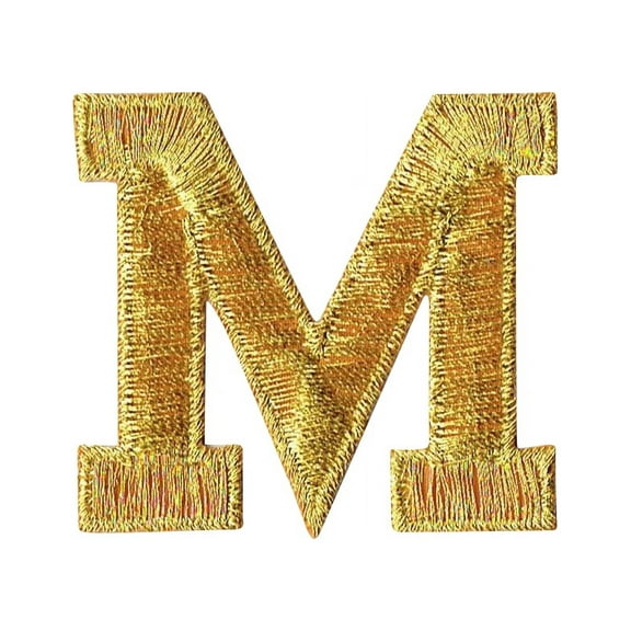 Alphabet Letter - M - Color Gold - 2" Block Style - Iron On Embroidered Applique Patch