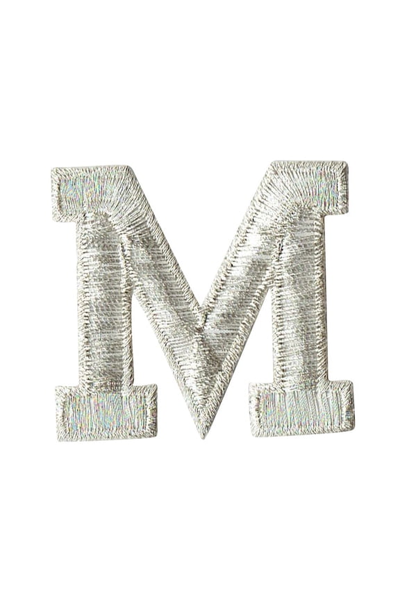 Alphabet Letter - M - Color Silver - 2" Block Style - Iron On Embroidered Applique Patch