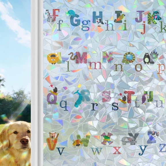Alphabet Letter Rainbow Window Privacy Film, Colorful Cartoon Animals ABCD Letter Stained Glass Window Film, Sun Blocking Glass Clings Static Cling Non Adhesive Door Stickers 19.6 x 39.3 Inches