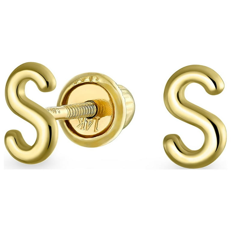 Alphabet Letter S Initial Block Type Stud Earrings Real 14K Gold