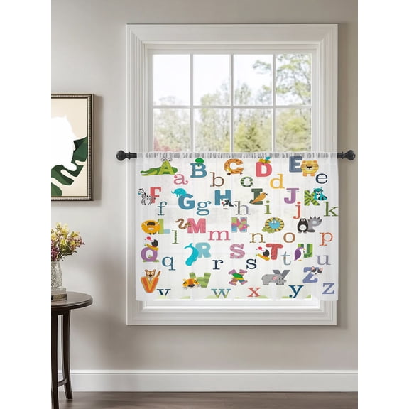 Alphabet Letter Sheer Curtains 45 Inch Long 1 Panel Colorful Cartoon Animals ABCD Letter Rod Pocket Voile Cafe Curtains Light Filtering Small Window Treatments for Kitchen Basement 52" x 45"