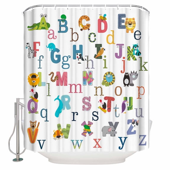 Alphabet Letter Shower Curtain, 36" x 72", Colorful Cartoon Animals ABCD Letter Waterproof Bathroom Curtain Washable Shower Curtain Set with 12 Hooks
