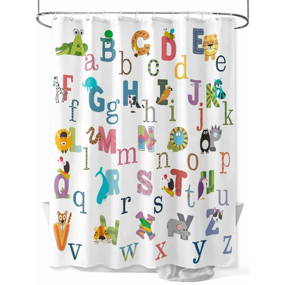 Alphabet Letter Shower Curtain, Colorful Cartoon Animals ABCD Letter Waterproof Shower Curtain Set with 12 Hooks Lightweight Washable Fabric Shower Curtains for Bathroom 36x72 Inches