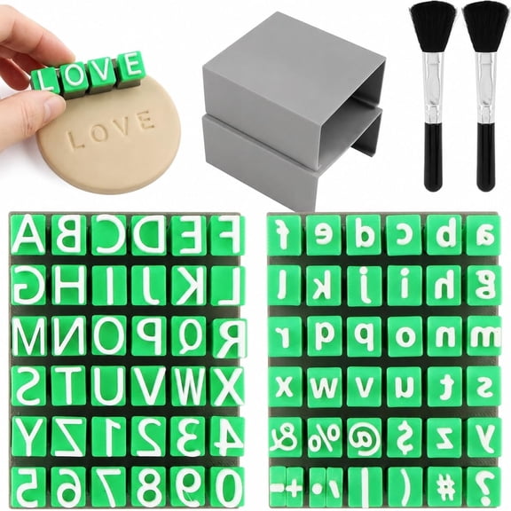 Alphabet Letter Stamps for Clay Pottery, 2 Pack Letter Stamp Kit for DIY Crafting, Card Making, Uppercase Lowercase Letters, Numbers and Symbols, Cleaning Brush Included