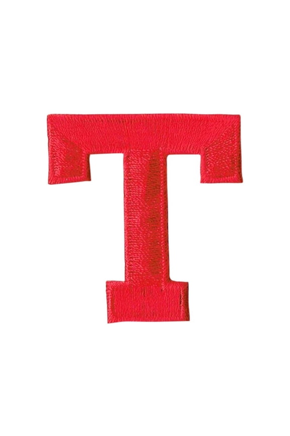 Alphabet Letter - T - Color Red - 2" Block Style - Iron On Embroidered Applique Patch