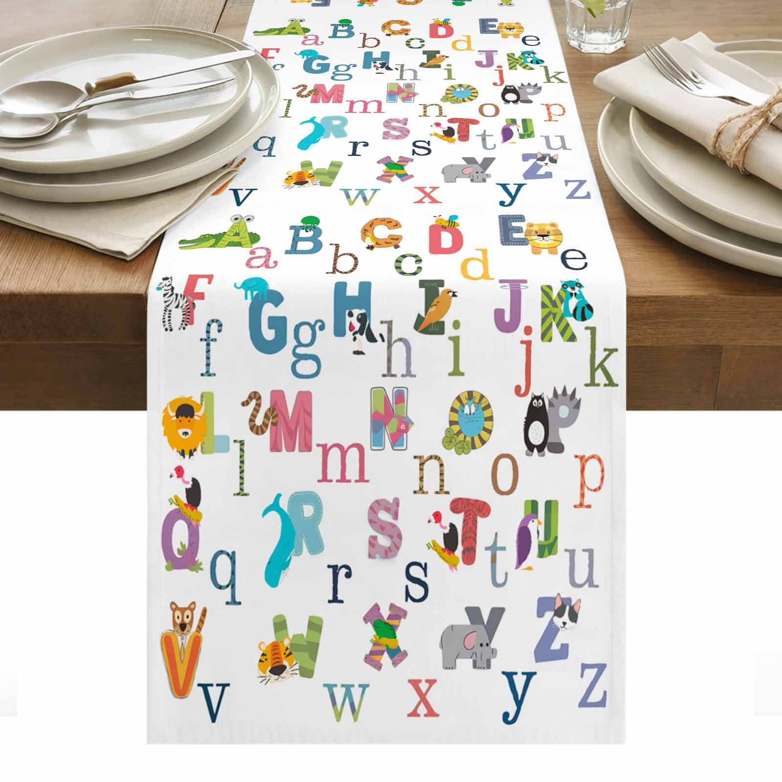 Alphabet Letter Table Runner 13 x 108 Inch, Colorful Cartoon Animals ...