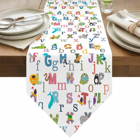 Alphabet Letter Table Runner 36 Inches Long Colorful Cartoon Animals ABCD Letter Table Runners for Dining Room Tabletop Dresser Scarf Home Party Banquet Wedding Holiday Decoration