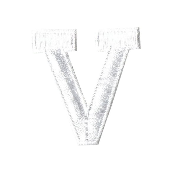 Alphabet Letter - V - Color White - 2" Block Style - Iron On Embroidered Applique Patch