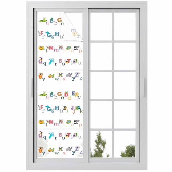 Alphabet Letter Window Privacy Film Colorful Cartoon Animals ABCD Letter Decorative Glass Window Film UV Blocking Static Cling Non-Adhesive Sticker Covering for Home Door 17.7 x 78.7 inches