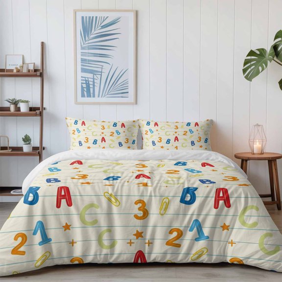 Alphabet Letters Numbers California King Size Bed Set,Educational Learning Pattern Bedding for All Seasons,4 Pcs Bed Set with 1 Quiltcover (96"x104"),1 Sheet (110"x98"),2 Pillowcases (20"x36")