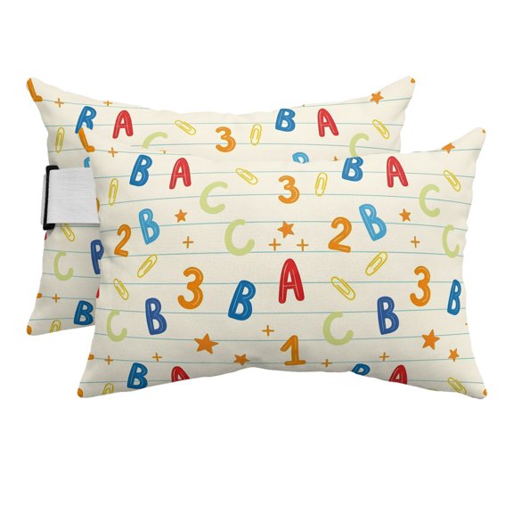 Alphabet Letters Numbers Outdoor Pillow for Chaise Lounge Chair,Educational Learning Pattern Waterproof Headrest Lumbar Pillows with Insert&Elastic Strap for Patio Pool Garden Chairs Decor,2 Pack