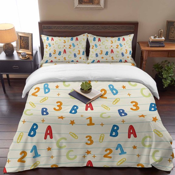 Alphabet Letters Numbers Queen Size Bed Set,Educational Learning Pattern Bedding for All Seasons,4 Pcs Bed Set,1 Quiltcover (90"x90"),1 Sheet (90"x102"),2 Pillowcases (20"x30")