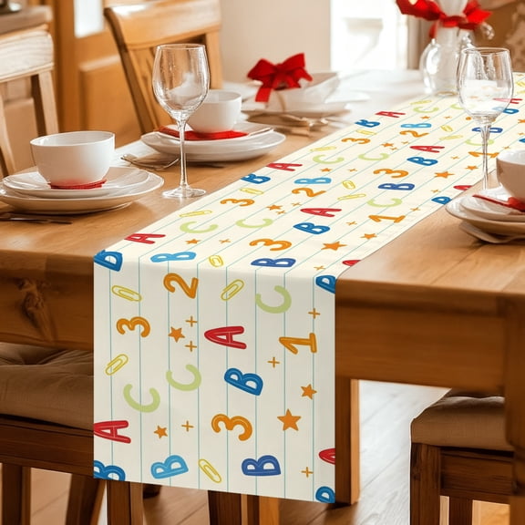 Alphabet Letters Numbers Table Runner 36 Inches Long,Kitchen Dining Tablerunners Educational Learning Pattern Linen Table Runners Dresser Scarves for Home Dinner Wedding Holiday Party Decor