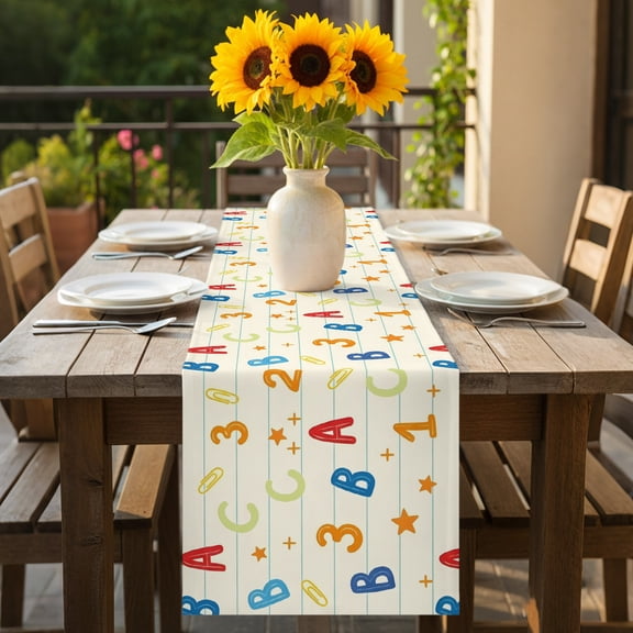Alphabet Letters Numbers Table Runner 72 Inches Long,Kitchen Dining Tablerunners Educational Learning Pattern Linen Table Runners Dresser Scarves for Home Dinner Wedding Holiday Party Decor