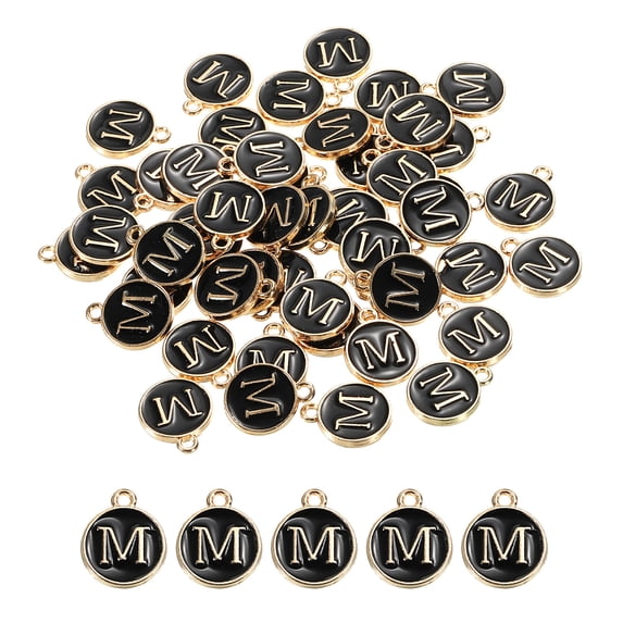 Alphabet M Letter Charm Double Sided Enamel Initial Alphabet Pendant Black, for Jewelry Making, 50pcs