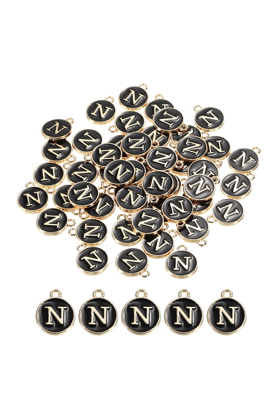 Alphabet N Letter Charm Double Sided Enamel Initial Alphabet Pendant Black, for Jewelry Making, 50pcs