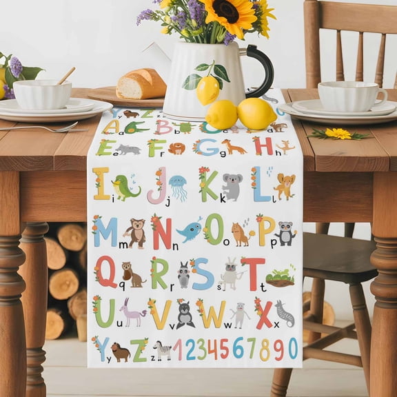 Alphabet Number Cartoon Animal Table Runner 36 Inches Long, English Letter Table Runners Tabletop Scarf Kitchen Dining Tables Decoration for Home Party Indoor Outdoor