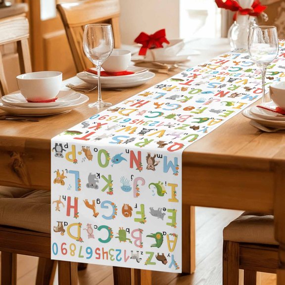 Alphabet Number Cartoon Animal Table Runner 36 Inches Long,Kitchen Dining Tablerunners English Letter Linen Table Runners Dresser Scarves for Home Dinner Wedding Holiday Party Decor