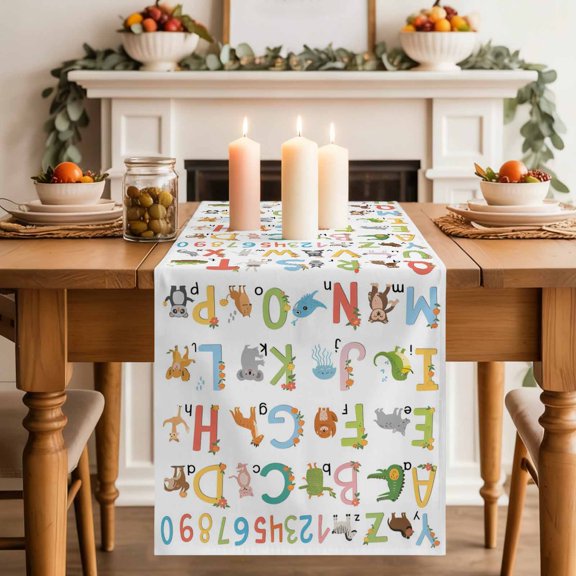 Alphabet Number Cartoon Animal Table Runner 70 Inches Long,Kitchen Dining Tablerunners English Letter Linen Table Runners Dresser Scarves for Home Dinner Wedding Holiday Party Decor