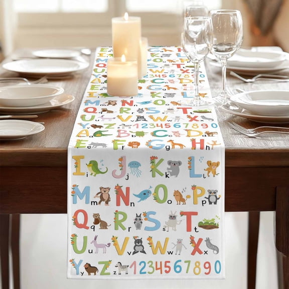Alphabet Number Cartoon Animal Table Runner Dresser Scarf,Kitchen Dining Table Decoration English Letter Linen Table Runners for Home Wedding Indoor Outdoor Party,13x70in