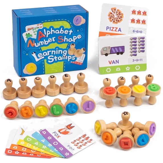 BUSY EDITION Letter Stamps for Kids, 71-Piece Wooden Alphabet and Number Stamp Set with Flashcard Learning Cards Ages 3-6
