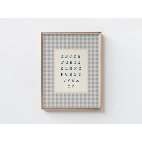 Alphabet Nursery Wall Art Blue Gingham Abc Chart Farmhouse Cottagecore Room Unframed Paper Print