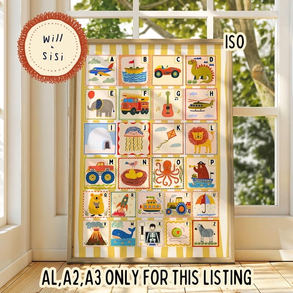 Alphabet Nursery Wall Art Print A To Z ABC Poster Kids Room Decor Toddler Learning Educational Wall Art Vertical PRINT A1,A2,A3 ONLY, Poster Only