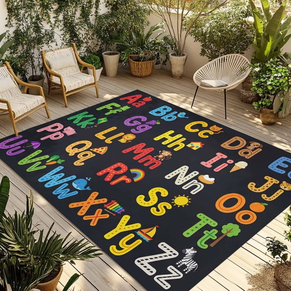 Alphabet Outdoor Rug 3x5 ft American Cartoon Early Education Alphabet Minimalist Mural Non Slip Patio Rug Washable Absorbent Large Outdoor Carpet Outside Mat for Porch RV Garden Camping