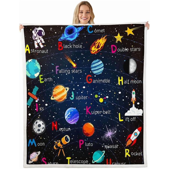 Alphabet Outer Space Astronaut Fleece Throw ABC Planet Sherpa Kids Toddler Galaxy Plush ABC Alphabet Learning Fuzzy Throw 60" x 80"