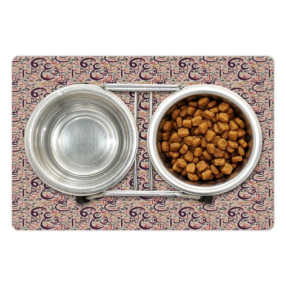 Alphabet Pet Mat for Food and Water, Illustration of Letters Oriental Calligraphic Design in a Colorful Layout, Non-Slip Rubber Mat for Dogs and Cats, 18" X 12", by Ambesonne