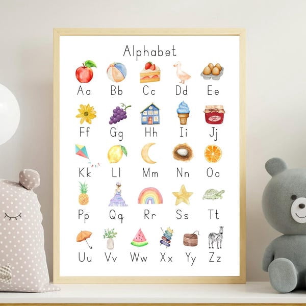 Alphabet Poster Chart, ABC Classroom decor, Printable Homeschool Toddler Letters, A to Z, Unframed Paper Poster 16x20in