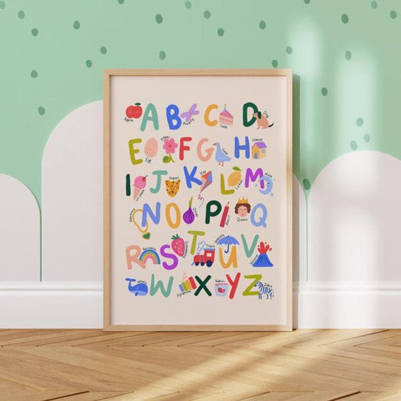 Alphabet Poster Children's Nursery. ABC Bright Watercolour Illustrated Print. Printable Poster, Unframed Paper Poster 8x10in