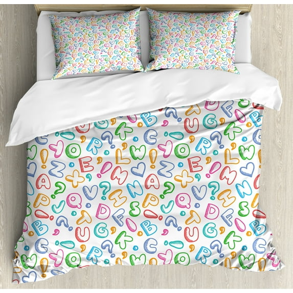 Alphabet Queen Size Duvet Cover Set, Chubby Letters in Fun Colors Kids Scribble Style ABC Symbols Hearts Comics Art, Decorative 3 Piece Bedding Set with 2 Pillow Shams, Multicolor, by Ambesonne