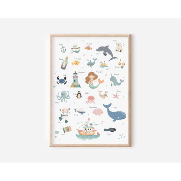 Alphabet Of The Sea: Nursery Poster With Animals & Objects A-Z Alphabet Picture Learn Abc Wall Decoration Gift Print Wall Art, Modern Wall Decor, 12x18 UNFRAMED