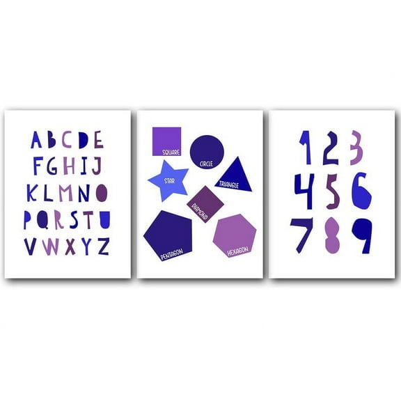 Alphabet Shapes Numbers, Educational Wall Art Decor, 18 x 24 Inches Set of 3 Poster Print