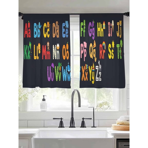 Alphabet Sheer Curtains 54 inches Long, American Cartoon Early Education Alphabet Minimalist Mural Light Filtering Sheer Window Curtains Rod Pocket Voile Drapes for Bedroom Living Room, 2 Panels