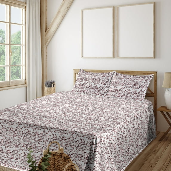 Ambesonne Alphabet Fitted & Flat Sheet with Shams 4 Pcs Set, Weathered Letters Words, Queen, Dark Maroon and White