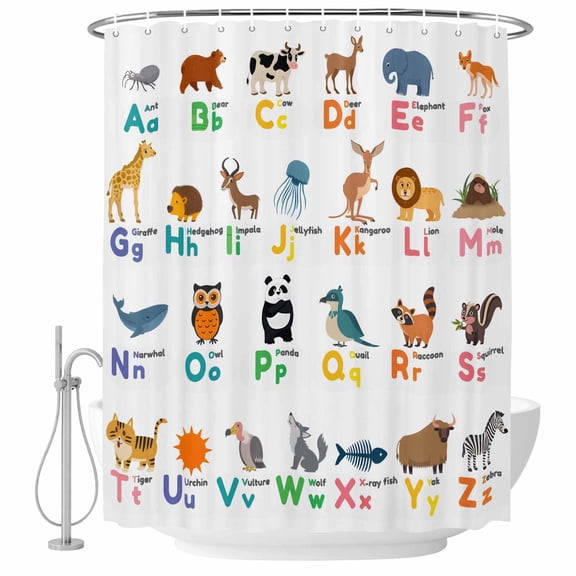 Alphabet Shower Curtain for Bathroom, Cartoon Animal Cute Colorful Alphabet Waterproof Cloth Fabric Bathroom Accessories Set with 9 Rust Proof Plastic Hooks, 36"x72"
