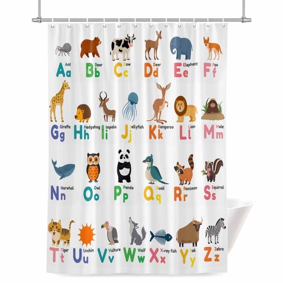 Alphabet Shower Curtain, Cartoon Animal Cute Colorful Alphabet Waterproof Shower Curtain Set with 12 Hooks Lightweight Bath Curtains Fabric Bathroom Decor 36x72 Inches