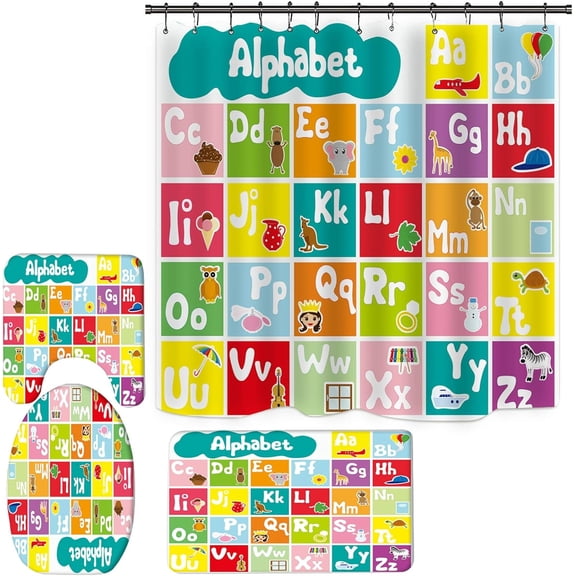 Alphabet Shower Curtain Set for Bathroom, Alphabet Bathroom Sets with Shower Curtain and Rugs, Kids ABC Educational Learning Shower Curtain 72x72 Inches (Alphabet)