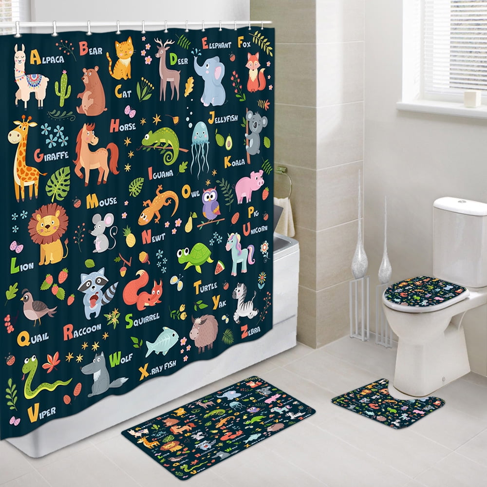 Alphabet Shower Curtain Sets for Bathroom Decor, Brown and White Shower Curtain with Non-Slip Rugs, Toilet Lid Cover and Bath Mat, Bathroom Sets
