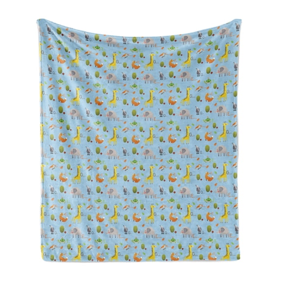 Alphabet Soft Flannel Fleece Throw Blanket, Continuous Funny Pattern of Animals and Trees with Letters, Cozy Plush for Indoor and Outdoor Use, 50" x 60", Pale Sky Blue Multicolor, by Ambesonne
