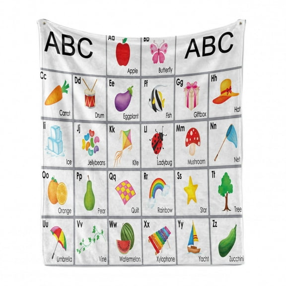Alphabet Soft Flannel Fleece Throw Blanket, Educational Themed Squares Letters Animals and Vegetables Nursery Composition, Cozy Plush for Indoor and Outdoor Use, 50" x 60", Multicolor, by Ambesonne