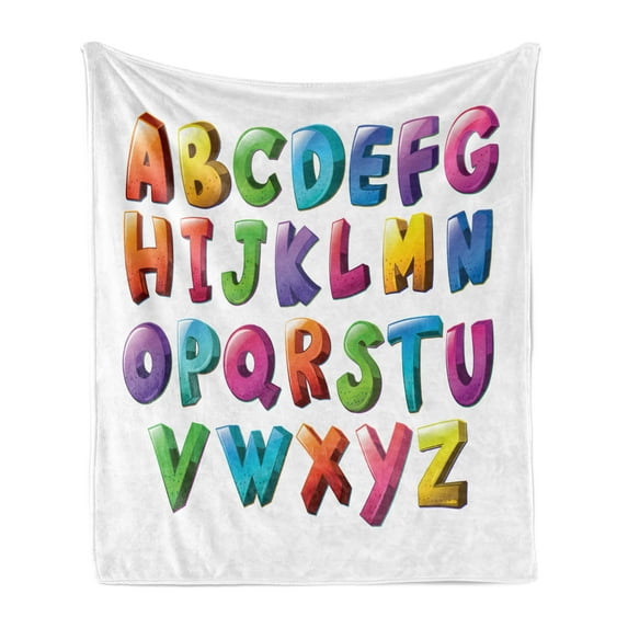 Alphabet Soft Flannel Fleece Throw Blanket, Gradient Colors Graffiti Look Letters on Plain Background, Cozy Plush for Indoor and Outdoor Use, 60" x 80", Azure Blue Dark Sky Blue, by Ambesonne