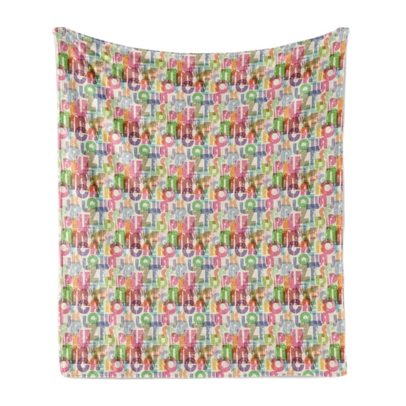 Alphabet Soft Flannel Fleece Throw Blanket, Modern Design of Big Energetic ABC Silhouettes in a Grungy Theme, Cozy Plush for Indoor and Outdoor Use, 50" x 70", Eggshell and Multicolor, by Ambesonne