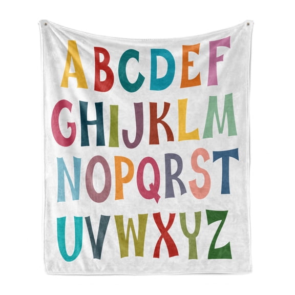 Alphabet Soft Flannel Fleece Throw Blanket, Simple Colorful Letters Print on Plain Background, Cozy Plush for Indoor and Outdoor Use, 50" x 60", White Multicolor, by Ambesonne