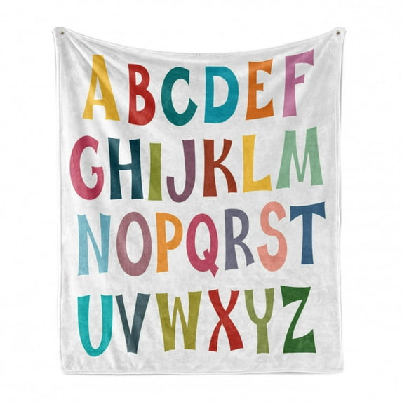 Alphabet Soft Flannel Fleece Throw Blanket, Simple Colorful Letters Print on Plain Background, Cozy Plush for Indoor and Outdoor Use, 50" x 60", White Multicolor, by Ambesonne