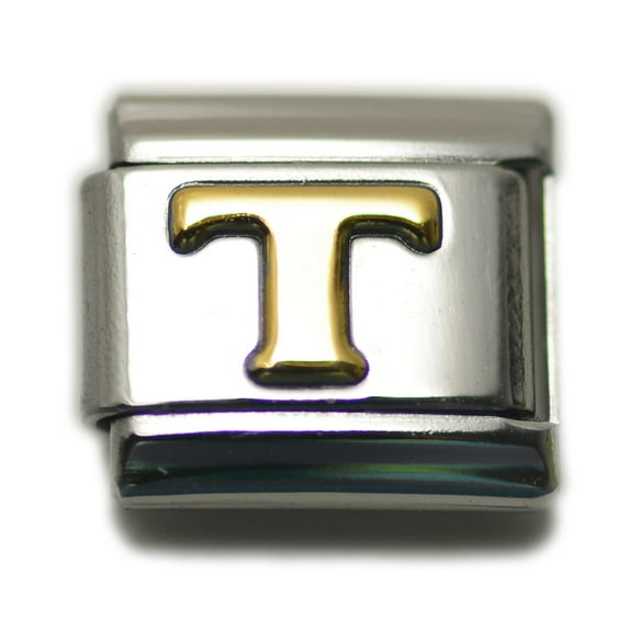 Alphabet T Letter Initial 9mm Italian Charm Link Gold Silver Stainless Steel