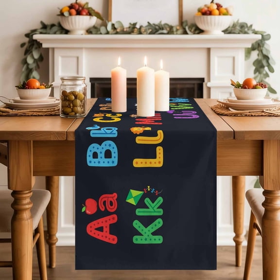 Alphabet Table Runner, American Cartoon Early Education Alphabet Minimalist Mural Washable Cotton-linen Table Runners Dining Kitchen Decoration for Everyday Home Wedding Party Decor, 18 x72 Inch